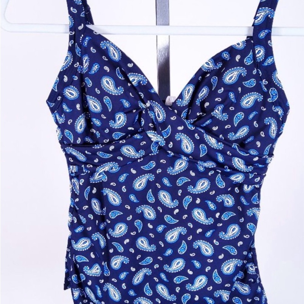Lands' End Wrap Tankini top Swimsuit Deep Sea Navy Paisley